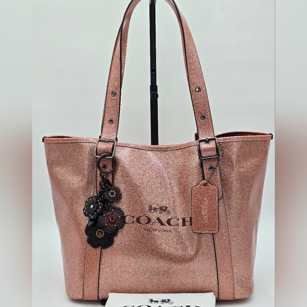 💥RARE💥Coach Rose Gold Glitter Ferry Tote In Patent Leather, EUC